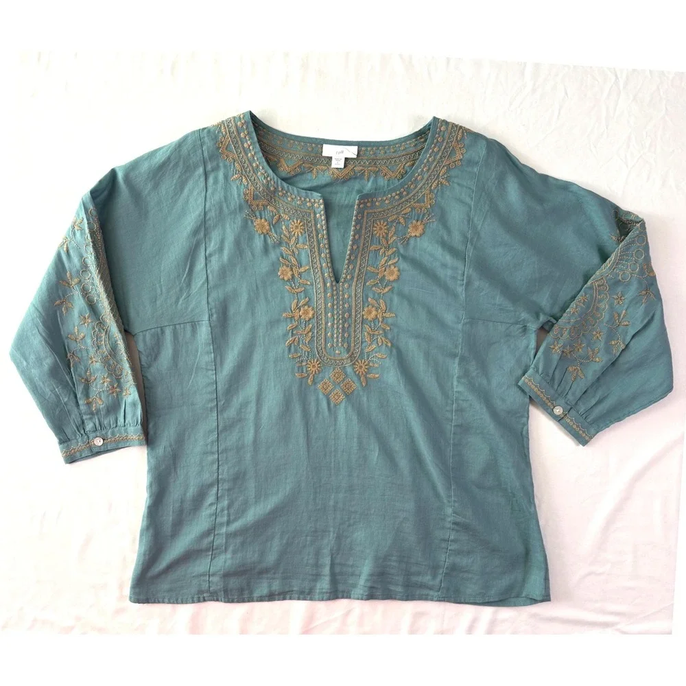 J Jill Embroidered Tunic Top W S Petite Boho Lightweight Artsy Coastal Travel - Picture 7 of 9